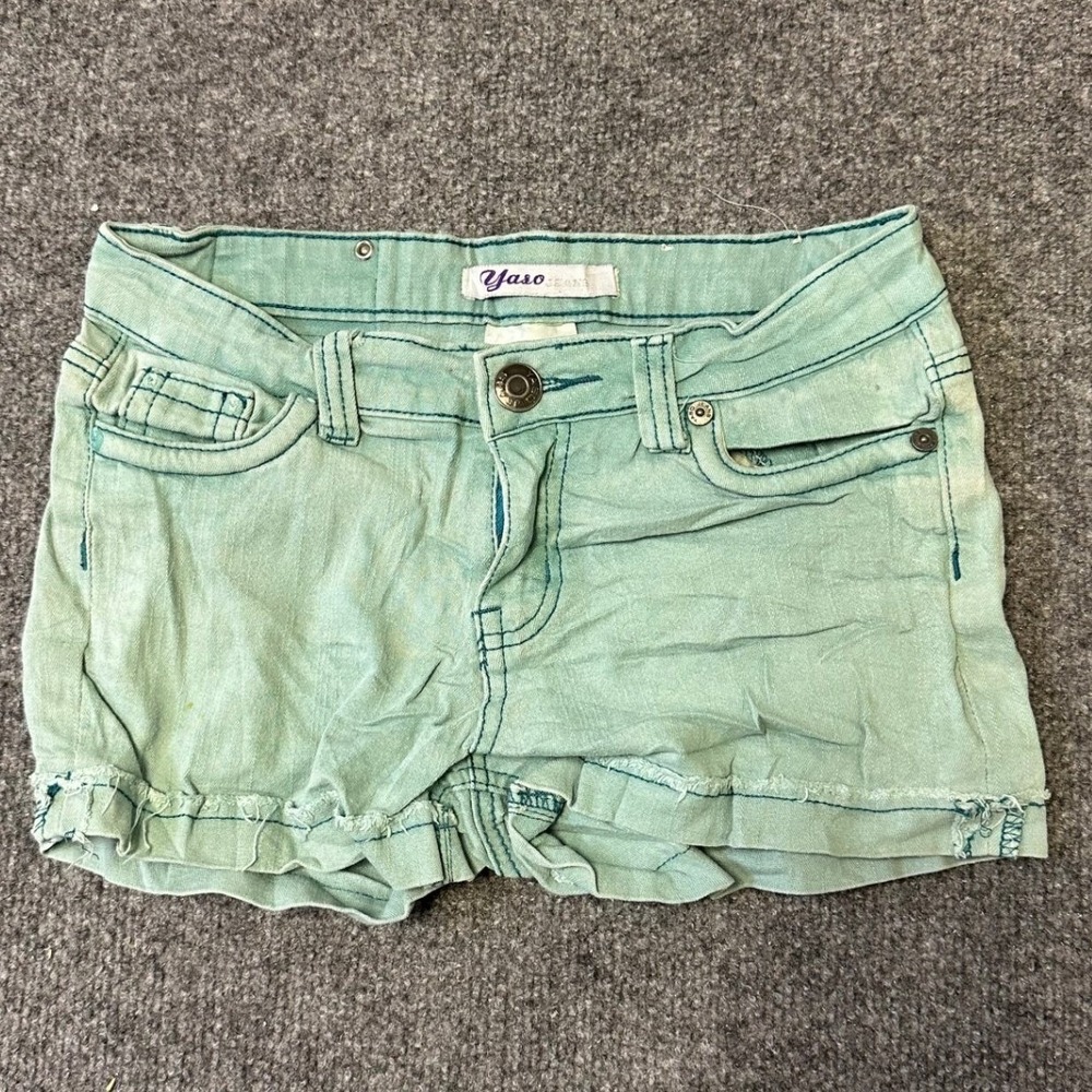 Yaso Jeans Shorts Womens Size 16 Green Denim Low Rise Frayed Hem Casual Pockets
